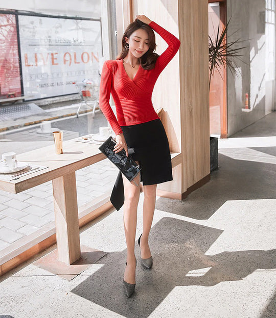 Ribbed V-ringad Tröja